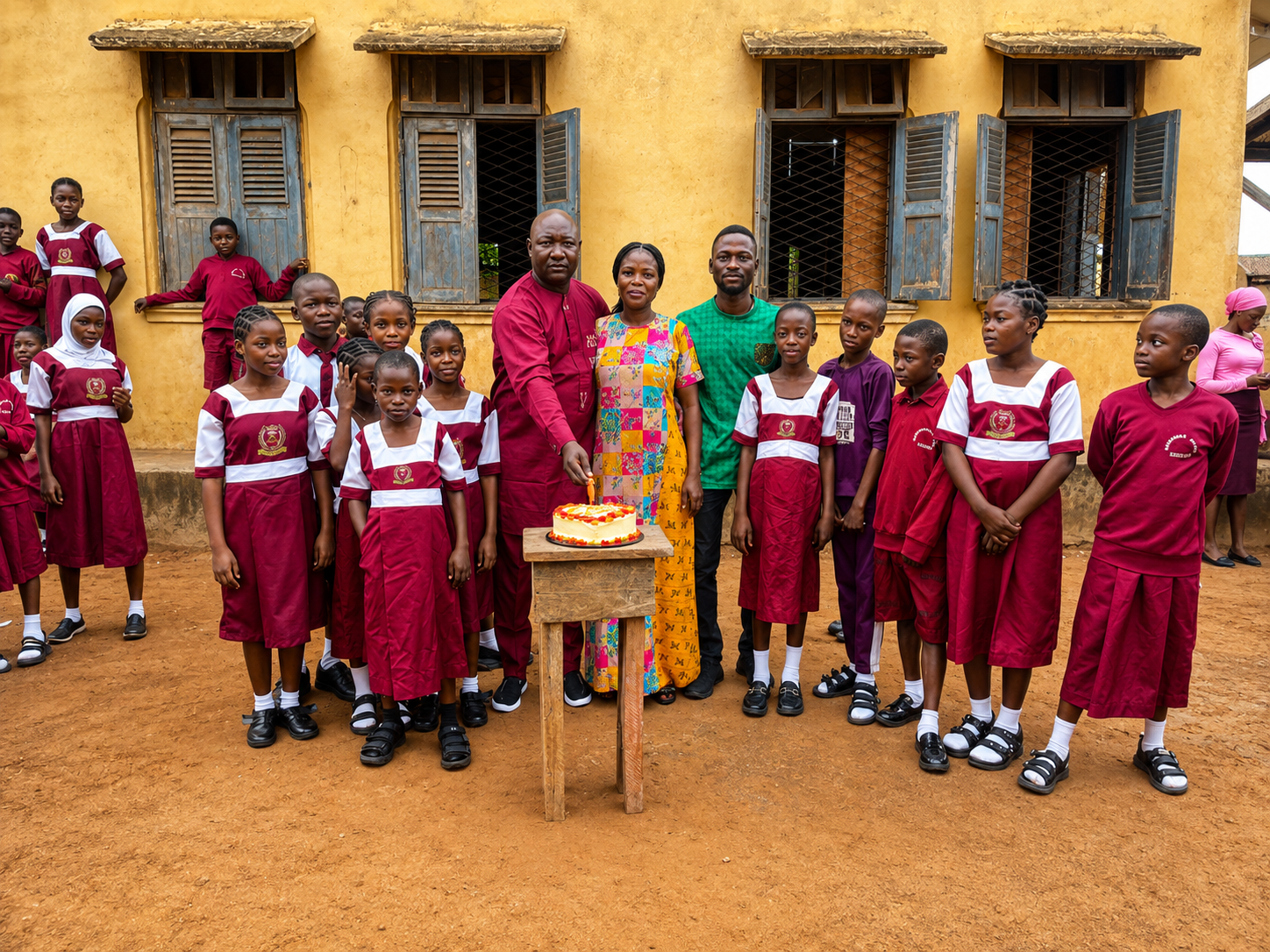 School celebration with students, staff and parents cutting a cake outdoors