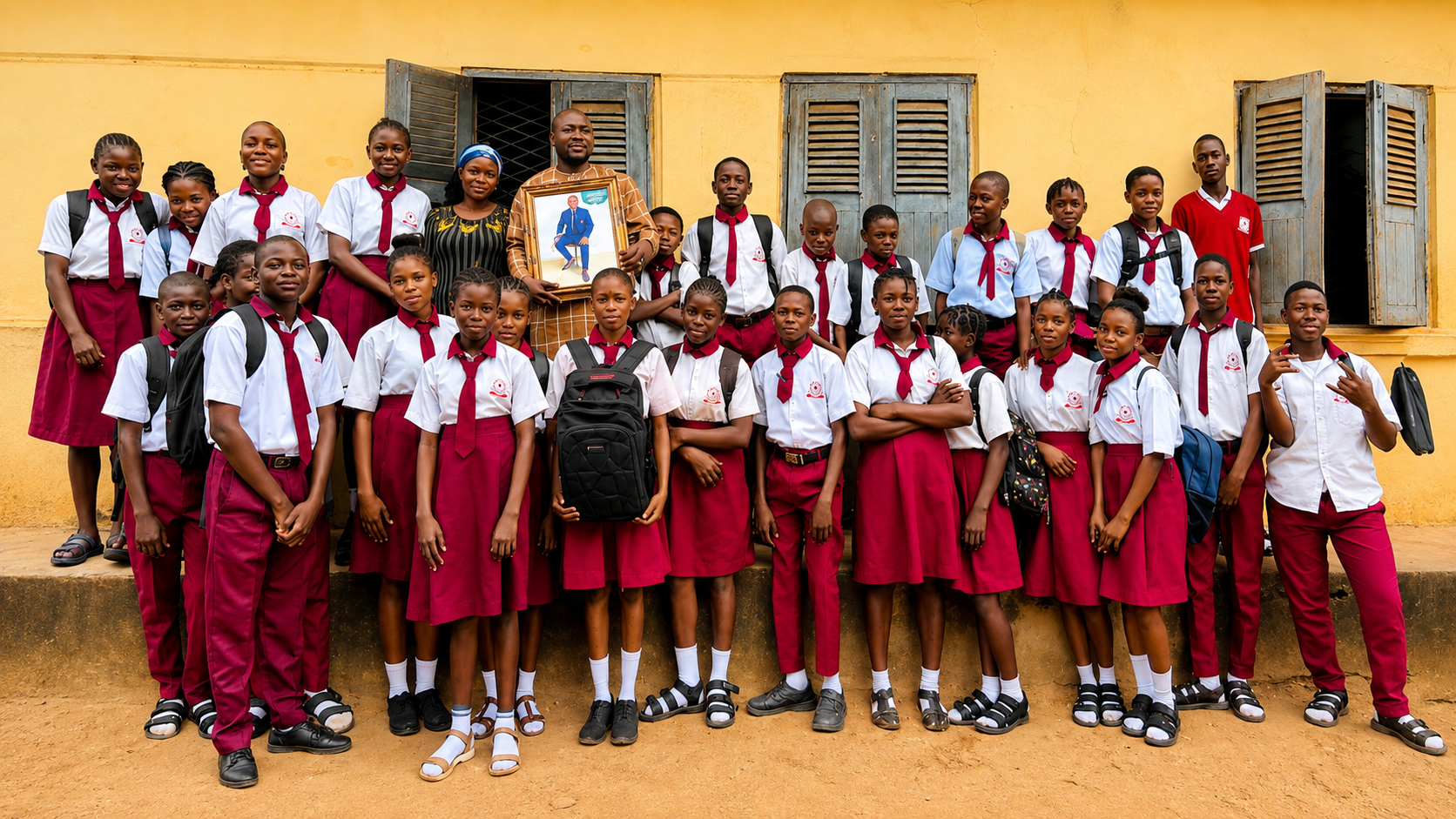 Happy Nigerian secondary school students in green and white uniforms walking together on campus