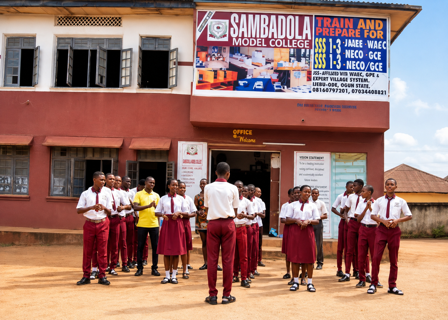 Junior secondary students standing outside the school building