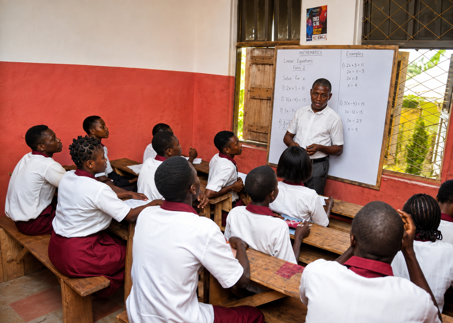 Senior secondary students in a classroom lesson with teacher at whiteboard
