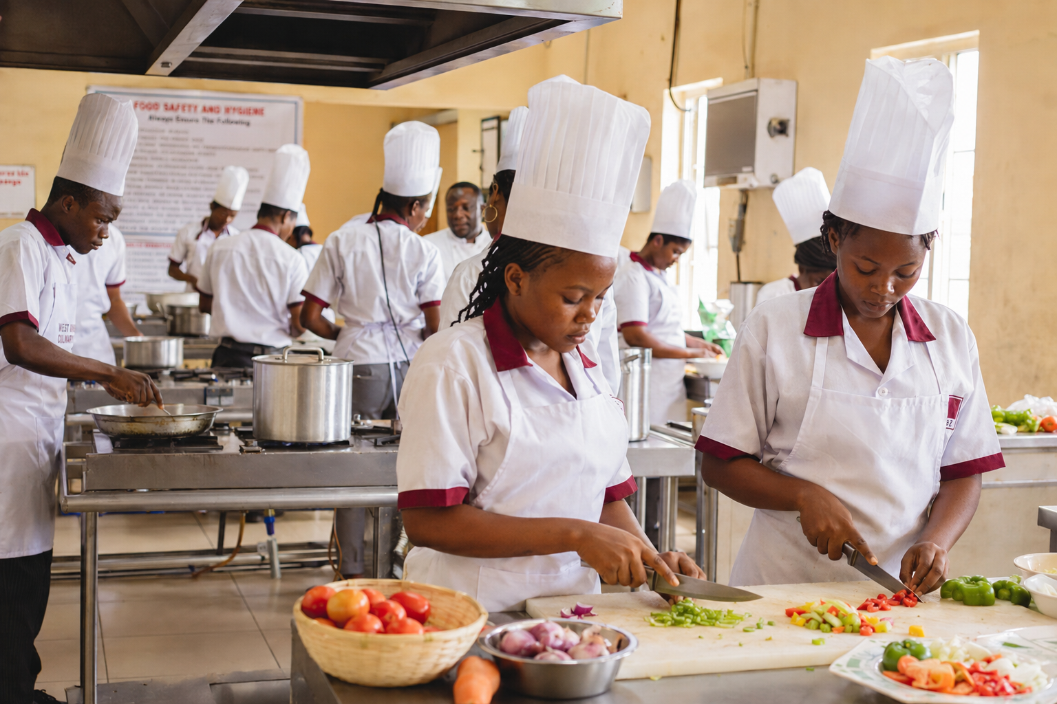Students in chef hats and aprons preparing food during a catering services vocational class
