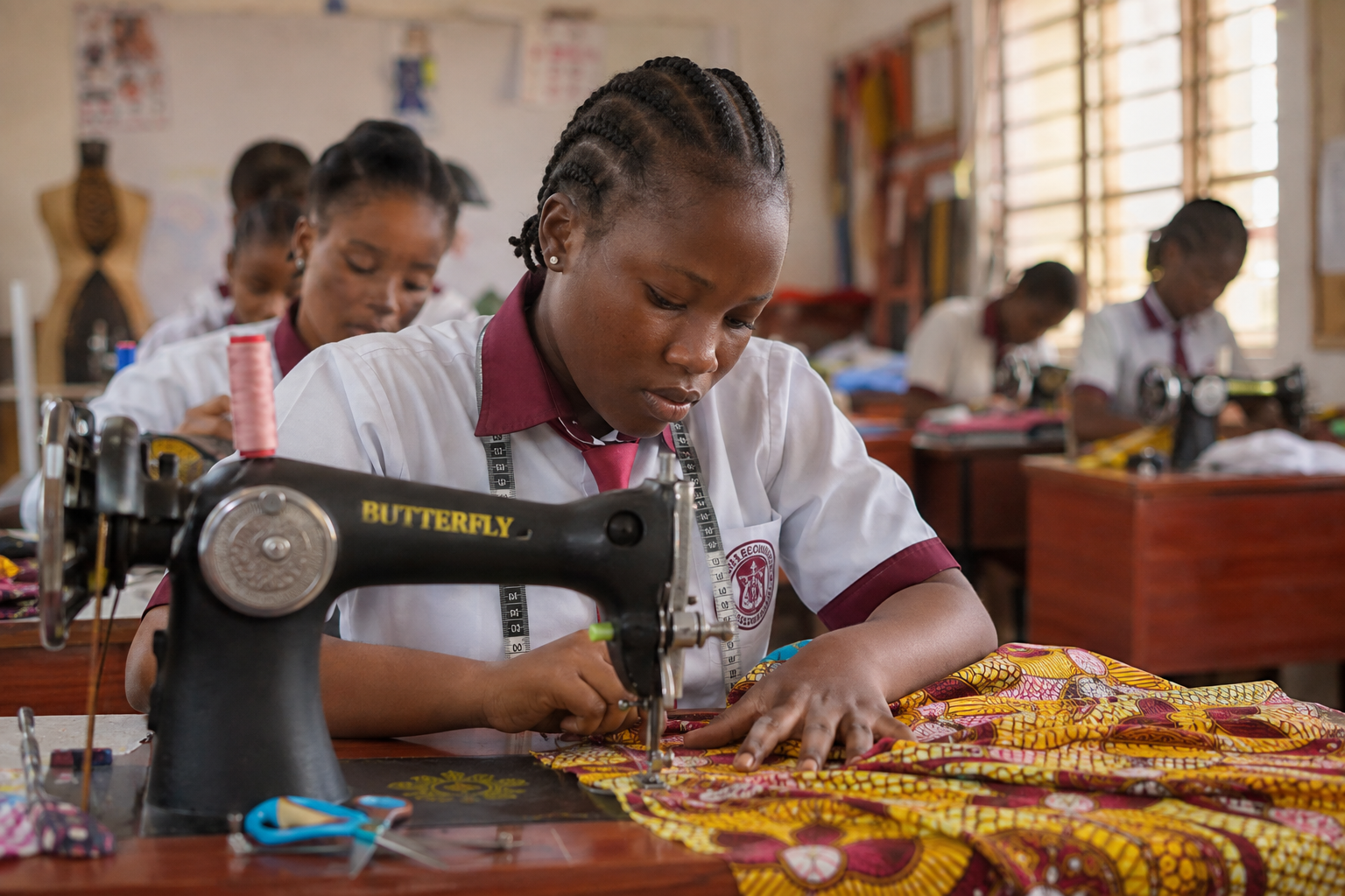 Students sewing colorful African fabric at sewing machines during a tailoring vocational class